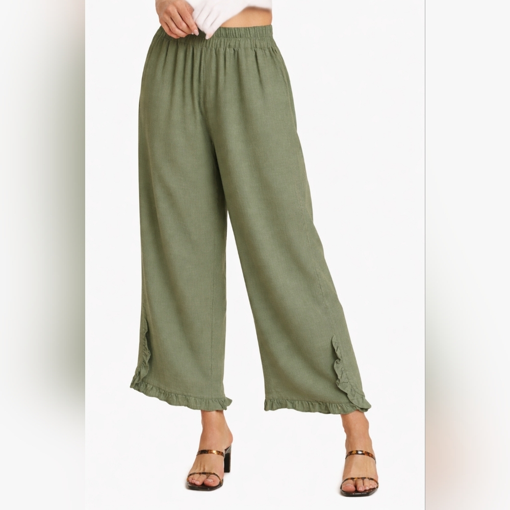 Umgee Moss Green Linen Blend Wide Leg Ruffled Hem Pants Elastic Waist M